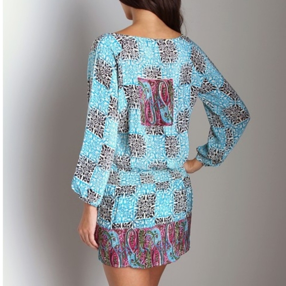 Tolani 100% Silk Deepa Mini Dress Turquoise Mosaic, Size Small - Picture 4 of 11